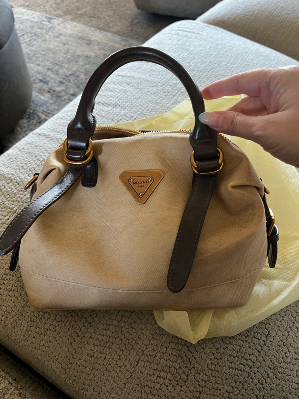 Luradsa Beige Canvas Satchel with Brown Leather Trim and bag charm